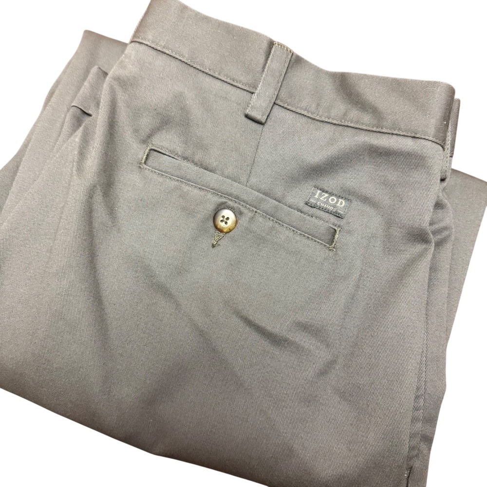 IZOD Mens Grey Pleated Chino Pants 100% Cotton Cuffed Dress Trousers 36x29